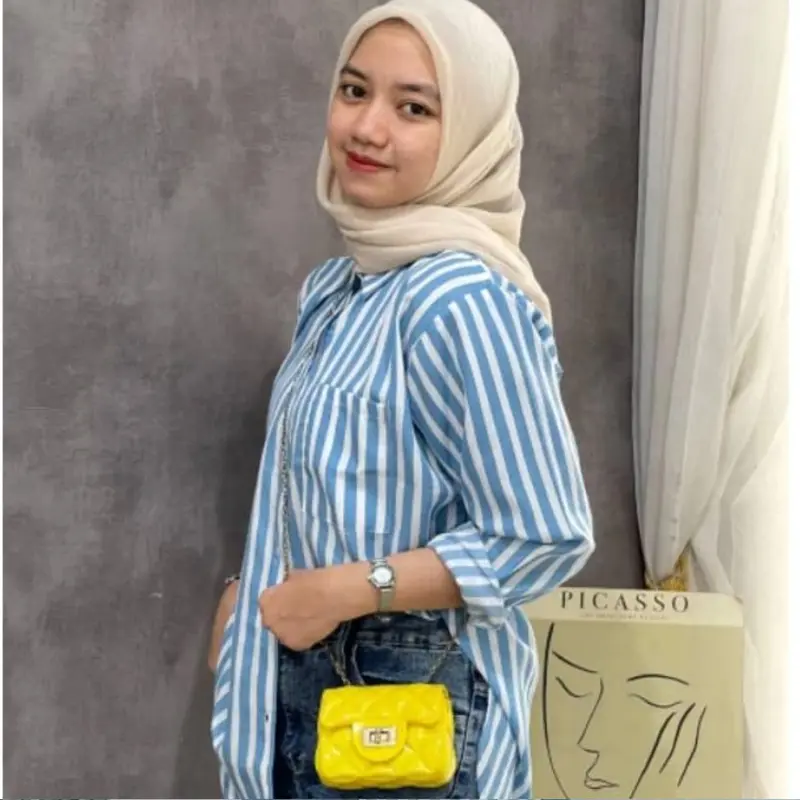 Kemeja Wanita Salur Stripe Polyrayon Size M-L-XL-XXL Atasan Kemeja Lengan Panjang 5