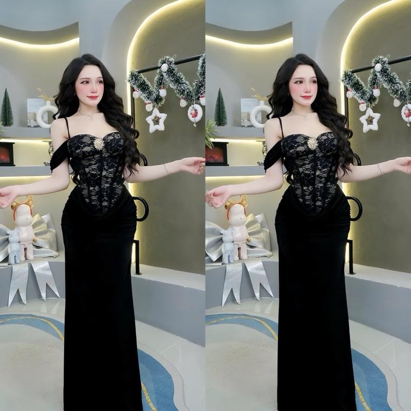   Có bigsize-Hàng chuẩn  Đầm dài trễ vai ren ôm body phối nhũ đổ eo CÓ MÚT kho sỉ hải chuyền Đ379 
