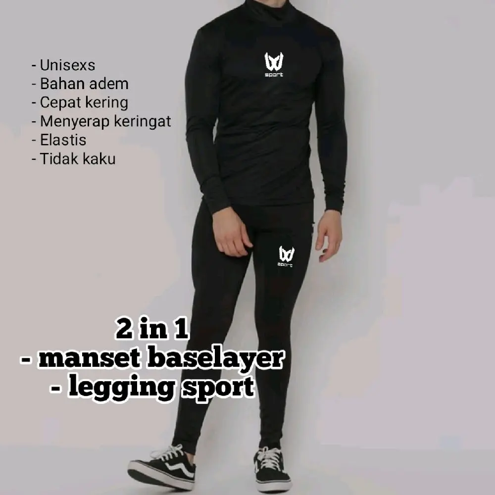 2in1 manset baselayer lengan panjang dan legging sport panjang pria wanita warna hitam futsal kiper sepak bola badminton daleman Olahraga Celana