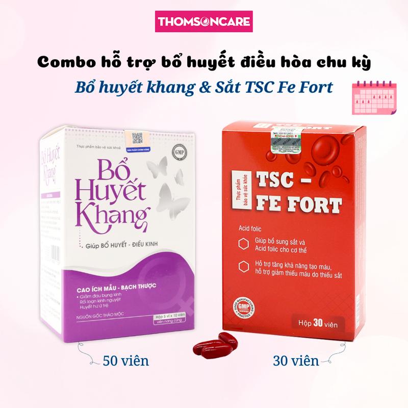 Viên uống Bổ huyết khang 50 viên và Sắt TSC Fe Fort 30 viên combo bổ huyết, điều hòa chu kỳ không đều