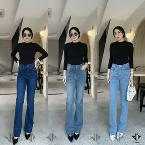 Jennie Jeans Wanita Cutbray Lipat bawah Highwaist Stretch Kekinian Retro Washed Vintage