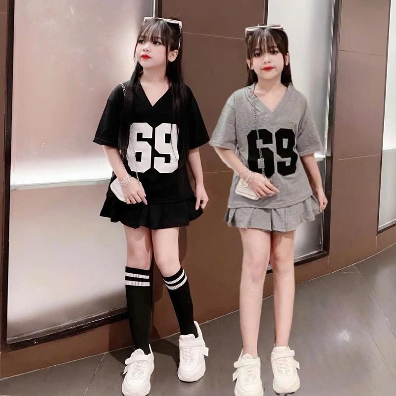 4-15 tuổi. Sét bộ chân váy xếp ly có lót váy cho bé gái in số 69 chất vải cotton mềm mịn thấm hút mồ hôi. VS02 2