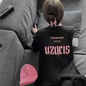 ピンクのアルファベットプリント-女子の半袖Tシャツ、丸首、ゆったり、純綿のカジュアルトップス