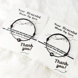Gelang Couple Inisial Huruf Bulat Manik Hitam A-Z Tali Korea 1mm