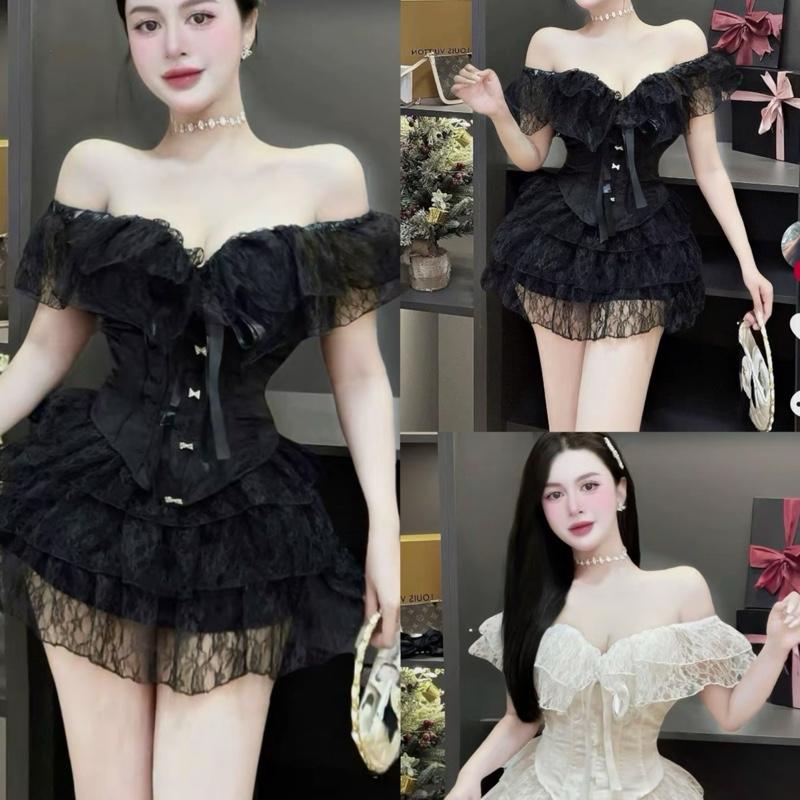 Set áo quây Cosret sang chảnh tiểu thư mix chân váy ngắn dài - Ren Kem S M Nữ Women Top Nhung Voi