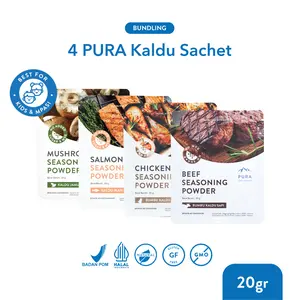 Pura Kaldu Asli | 4 Bumbu Kaldu Ayam Kampung, Sapi, Jamur & Salmon (20gr) - Seasoning Powder - Mpasi - BB Boster - No Msg - No Gula - Serbaguna - Kaldu Alami