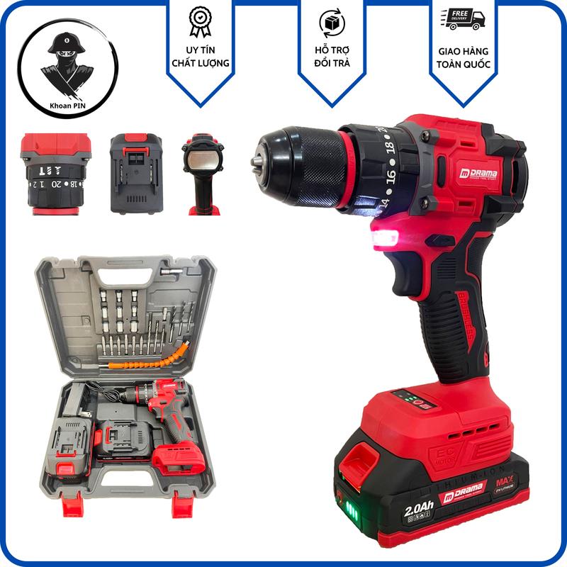 Máy Khoan Pin DRAMA 5321 - 3 Chức Năng Có Búa Chân Pin Phổ Thông M21 - Không Chổi Than - Đầu khoan 10mm