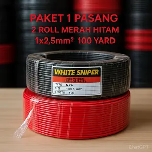 PAKET 1 PASANG 2ROLL MERAH &HITAM/ KABEL LISTRIK/KABEL  TEMBAGA KAWAT TUNGGAL/ KABEL NYA 1X2,5MM2 100YARD MERK SNIPER