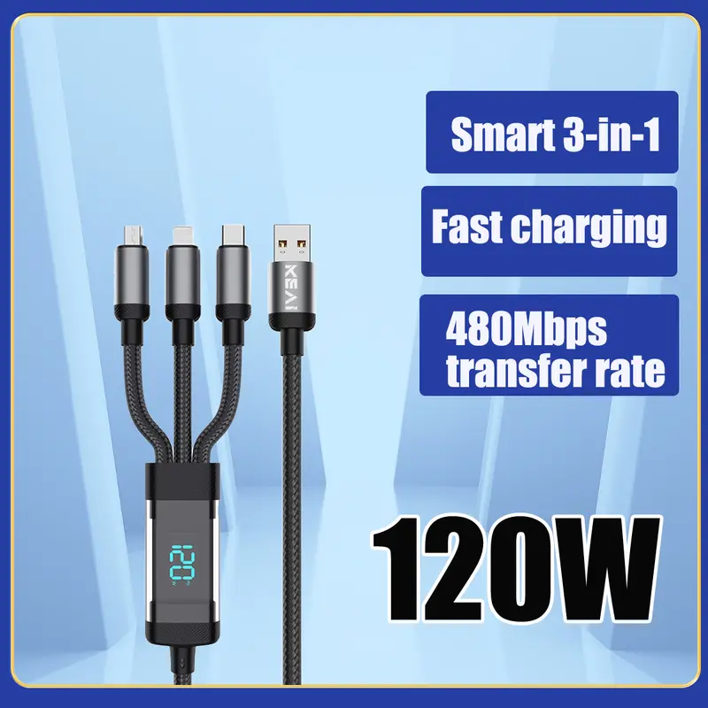 Kabel data tampilan digital pintar 3 in 1 pengisian cepat 120W cocok untuk ponsel Apple dan Android Charger Cable Adaptor Adapter 0