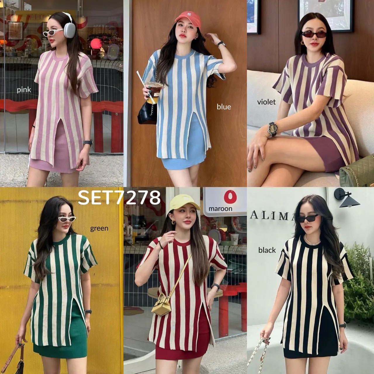 SET7278 Joy Striped Slit Long Top with Skirt Knit Set