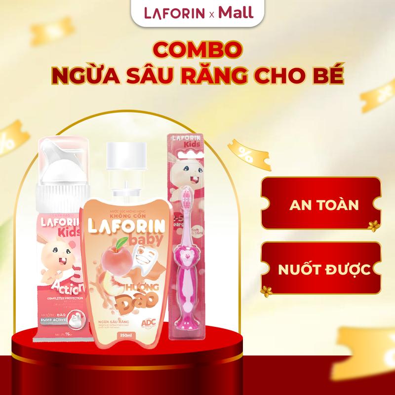 Combo chống sâu răng gồm kem đánh răng Laforin kids và nước súc miệng Laforin Baby - Hương đào, vị ngọt thơm, nuốt được cho bé 75g/350ml