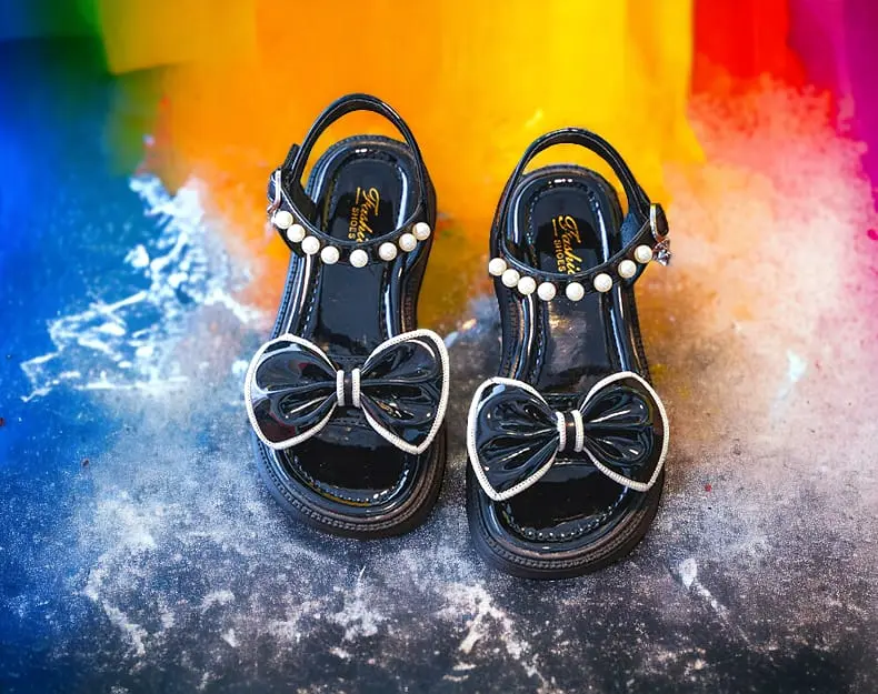 Sandal Anak Wanita Variasi Pita Tali Mutiara Ukuran 26-35 DCR 66 - Glossy Material, Durable Sole, Black Color - Hitam Shoes Selop Fashion 0