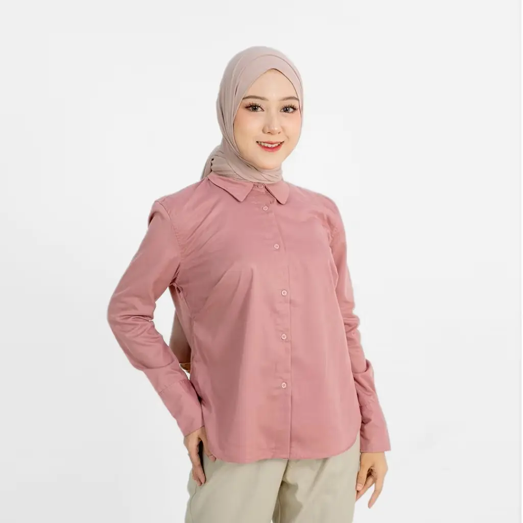 Baju Atasan Kemeja Shakilla Wanita Casual Motif Polos Lengan Panjang Kancing Aktif