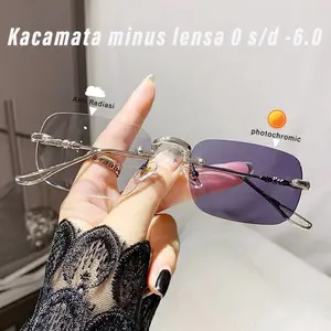 kacamata minus photochromic kacamata rabun jauh anti cahaya biru pria dan wanita gaya yang sama kacamata tanpa bingkai logam Dewasa Lensa