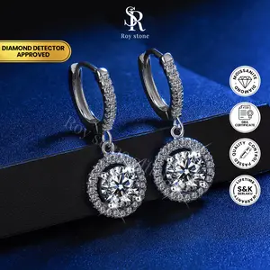 Roystone_Moissanite Anting Wanita Original Sertifikat GRA Silver925 Lapis Emas18K_Luna Earring 1 - 2CT