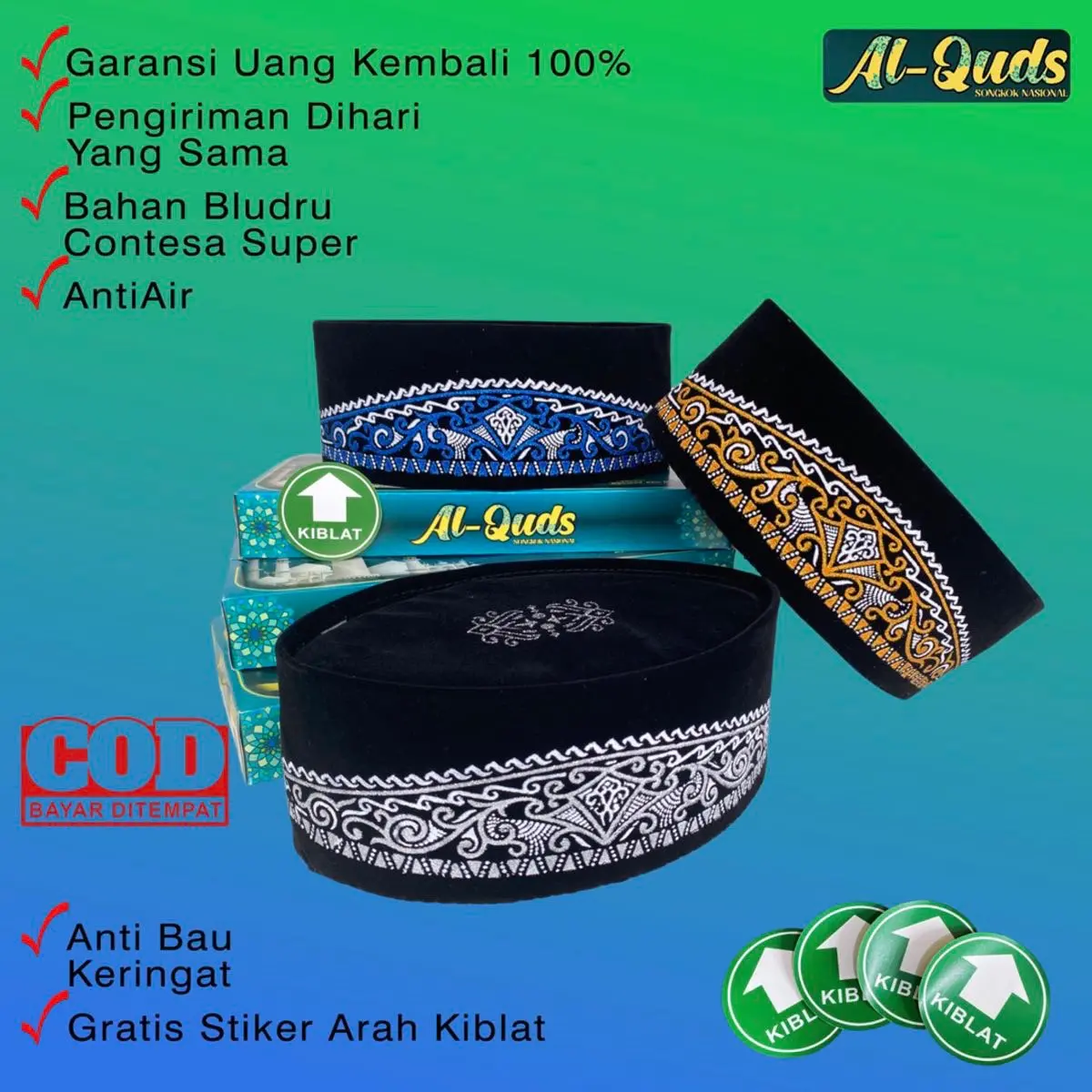 Al-Quds Peci Songkok Hitam Motif Batik Anak dan Dewasa Tinggi 9 cm No.1-10 Bahan Bludru AntiAir