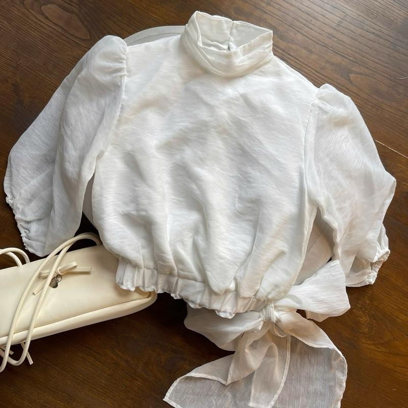   SMOR ROOM  Áo croptop chun eo nơ tay phồng chất tơ xước mịn không châm chích không ngứa 