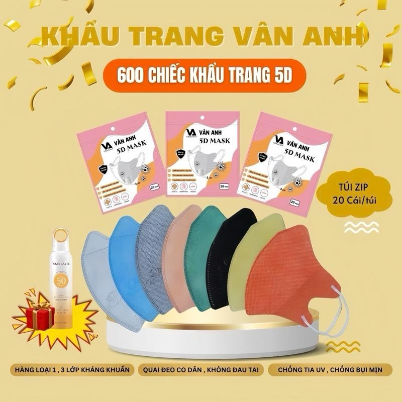 ( set 600c tặng 40c) KHẨU TRANG 5D VÂN ANH , CHỐNG BỤI MỊN , QUAI ĐEO THOẢI MÁI ( túi Zip )