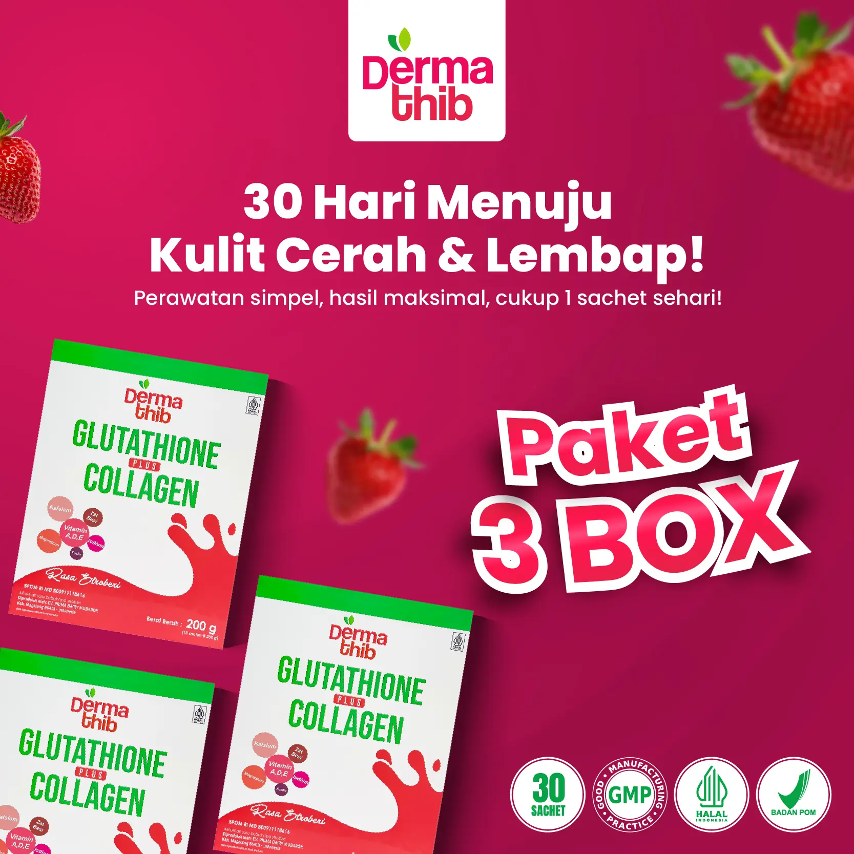 Paket 3 Kolagen Dermathib Collagen Drink Plus Glutathione 5x Mencerahkan Warna Kulit Badan BPOM