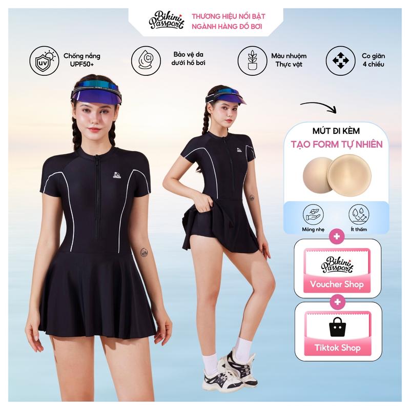 Bộ đồ bơi Nữ BIKINI PASSPORT kiểu Một mảnh váy tay ngắn SkewingBold - Đen - BS1039_BL