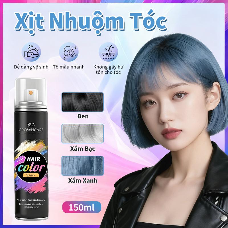   NEW LAUNCH CrownCare Xịt nhuộm tóc tạm thời 150ml | 3 màu lựa chọn | Lên màu tức thì dễ gội sạch | Không cần tẩy tóc không chứa amoniac 