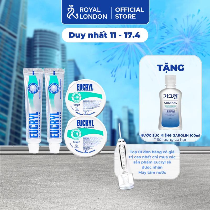 [ TẶNG NƯỚC SÚC MIỆNG GARLIN 100ML - EUGI010 ] Combo 2 kem đánh răng & 2 bột hỗ trợ làm trắng răng Eucryl Toothpaste & Toothpowder Freshmint 62g hương bạc hà thanh mát
