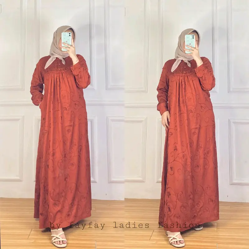 Fay Fay Amanda Baju Gamis Kain Polo Linen Full Bordir Size M LD 94cm Free Hijab Muslim Dress Dewasa lebaran 1