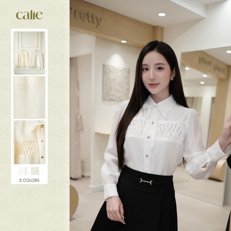   Silent Sound  Áo sơ mi tơ smocking ngực cổ nơ Quần dài ống đứng xếp ly thiết kế thời trang bởi Calie AS338 QX058 