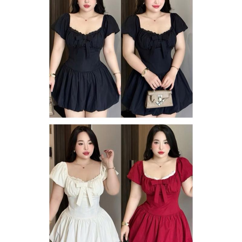  Bigsize 60-135kg váy xinh viền ren phối nơ from bí chất cottong lạnh   phần tay dài hơn trong hình  