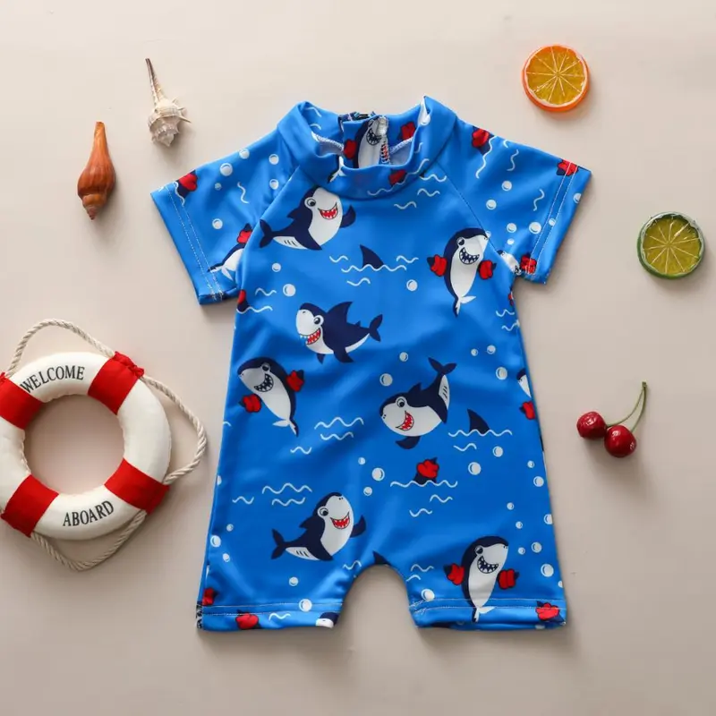 Baju Monyet Musim Panas Bayi Laki-laki Pakaian Renang Ritsleting Lengan Pendek Pola Hiu Kartun untuk Anak Laki-laki Pakaian Mandi Hiu 0