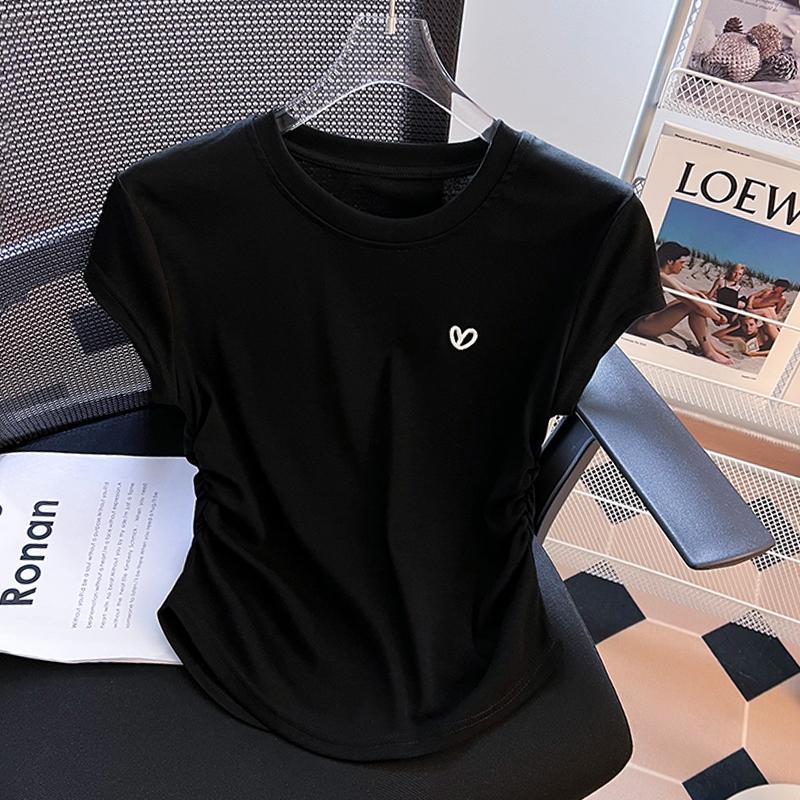 Kaus pendek leher bulat bordir cinta putih atasan seksi fashion wanita gaya Korea Baju Jersey 4