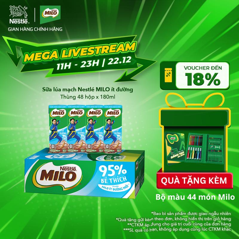   Mega live 11-23h 22.12  Nestlé VN Sữa lúa mạch Nestlé MILO ít đường thùng 48 hộp x 180ml  12x4x180ml  - MG 