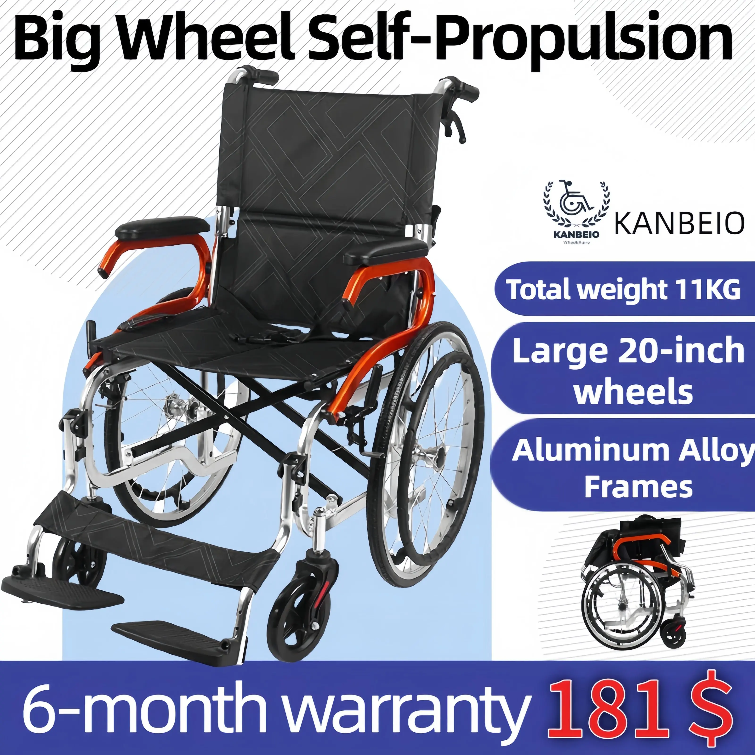 KANBEIO Convenient Wheelchair Self-propelled Foldable Multifunctional Walker Folding Rehabilitation Anti-fall Handcrank Wheelchair