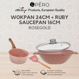 [BEST DEAL PO 30 HARI] Bundling Pero Wok 24 cm 2-Handle With Lid and Spatula + Ruby Sauce Pan 16cm Biogranite with Wooden Handle / Panci MPASI / Dengan Tutup Kaca dan Spatula / Cookware Anti Lengket