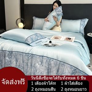 ชุดผ้าปูที่นอน 5/6 ฟุต รวมผ้านวมลง ชุดเครื่องนอน 6 ชิ้นระดับพรีเมียม ชุดเครื่องนอนผ้าไหมน้ำแข็ง นุ่มและเย็น ทอหนา ทนต่อไรฝุ่นและขนสัตว์เลี้ยง ชุดผ้านวมซักเครื่องได้