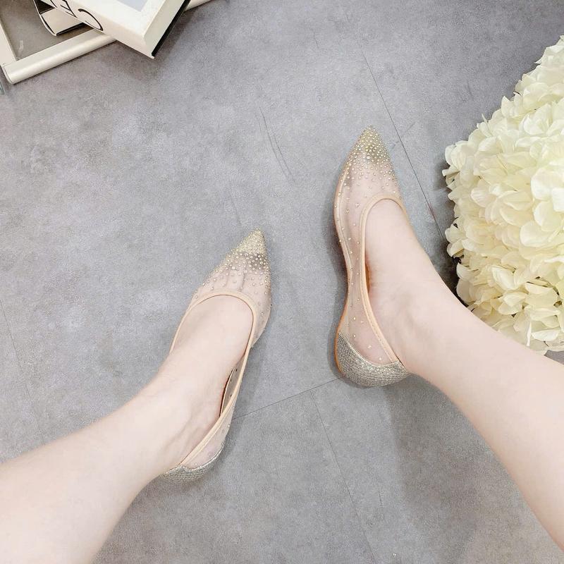  1314-L5A Giày búp bê nữ đế bệt lưới đính đá đế đ..ỏ hàng QC fullbox   FOM TO LÙI SZ  