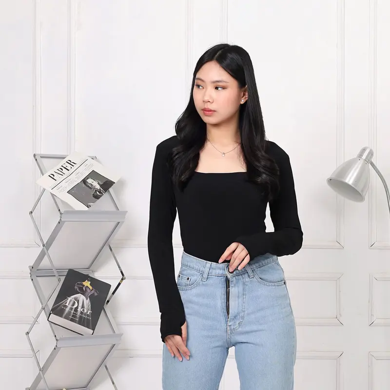 Lassmee | MINJI Baju Atasan Wanita Long Sleeve Leher Kotak / Bodysuit Basic Polos Lengan Panjang Leher Kotak / Kaos Jersey Spandex Square Neck 2