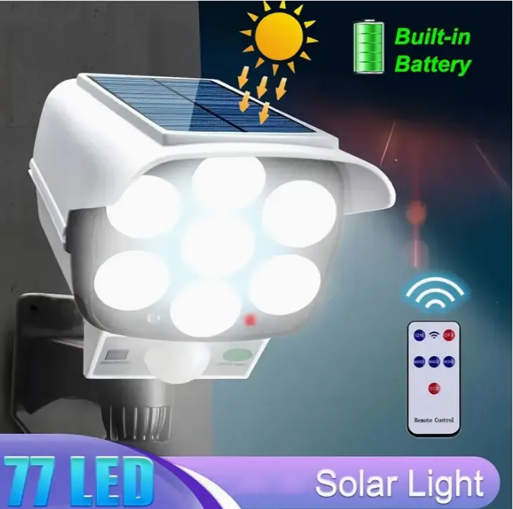 Đèn năng lượng mặt trời ngoài trời, 1pc, Cảm biến chuyển động, 2000 Lumens, 77 đèn LED, Đèn chiếu điểm, Với điều khiển từ xa, Đèn chống lũ, Thích hợp cho sử dụng ngoài trời, Không dây, Camera an ninh giả, Cho khách sạn, Hẻm, Vườn, Sân trong, Đường lái xe