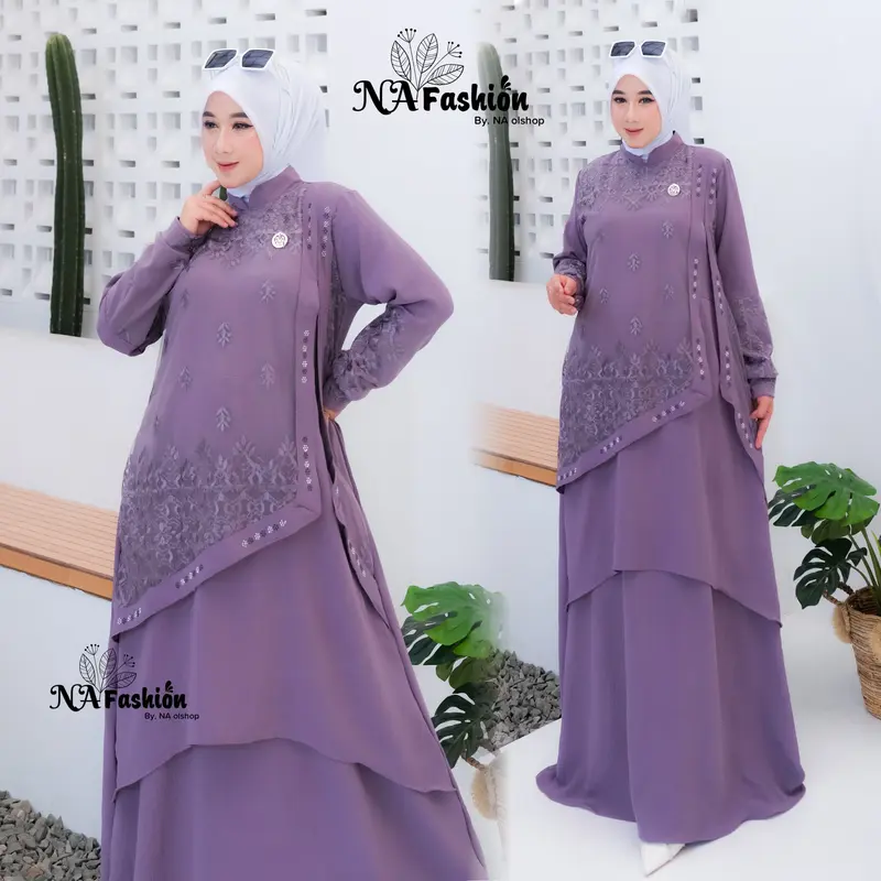 Na Fashion- NAMIRA Dress Gamis Malaysia Kombinasi Brukat Bahan Crinkle Premium mix brokat sapto minimalis cantik mewah elegant 4