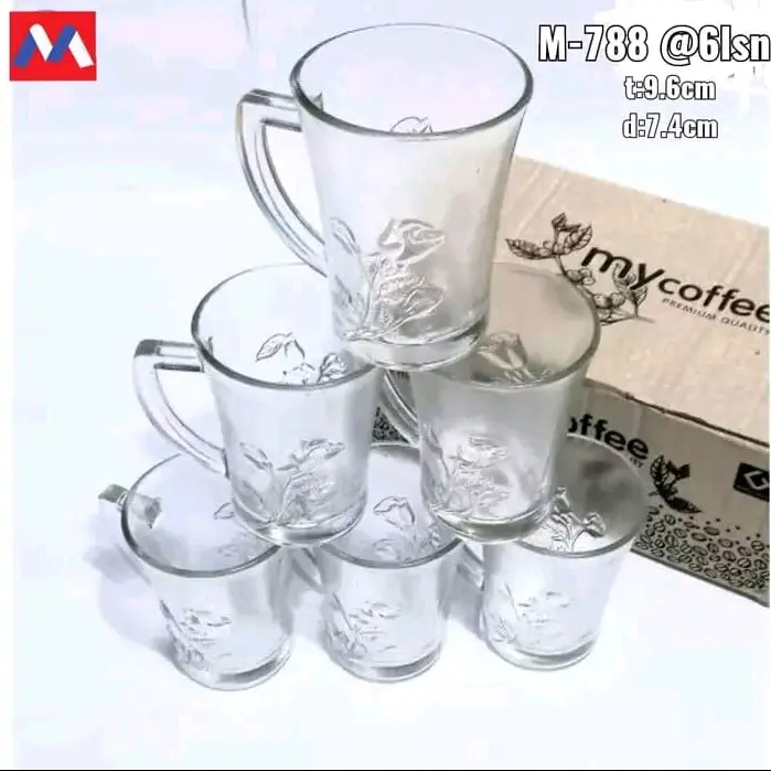 gelas cangkir kopi beling gagang motif  Bunga polos 1 dus isi 6pcs Kado