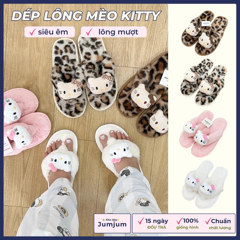  Dép lông xỏ ngón mèo kitty QC hottrend mềm mượt êm chân chống trượt thời trang thu đông đế dày 1 cm 