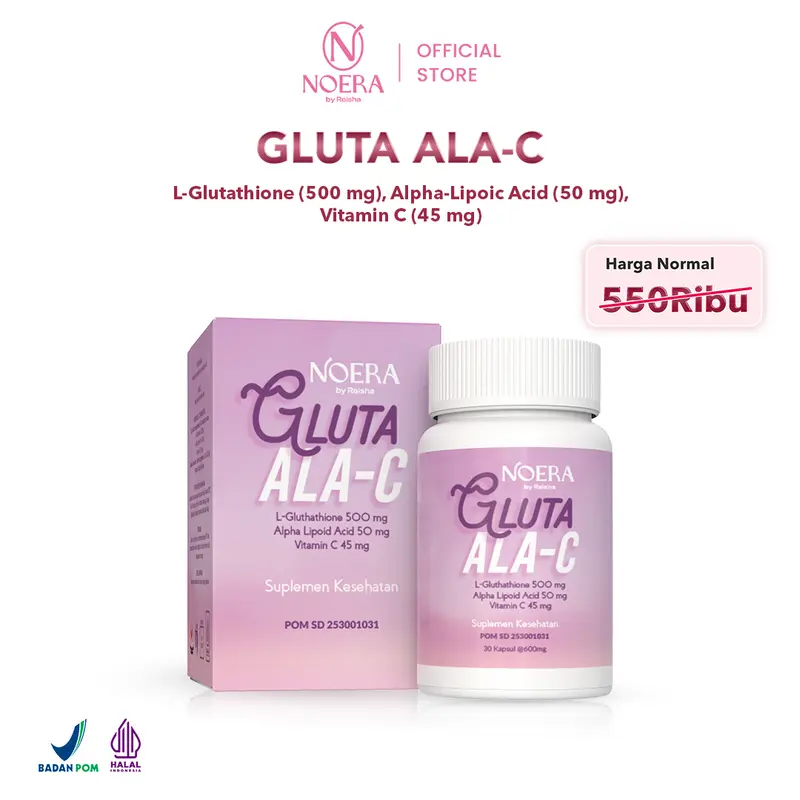 Noera 2 Pcs Gluta ALA-C FREE MOONLIGHT SERUM | Noera Suplement Whitening | Noera Whitening Capsule | L-Glutathione 500mg Alpha Lipolic Acid 50mg Vitamin C 45mg | Whitening Booster Suplemen Kecantikan l Free Moonlight Glow Oil 3