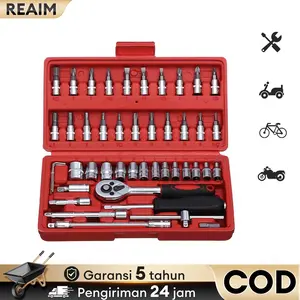 REAIM Kunci Socket Wrench Set 46PCS | Kunci Pas & Shock 1/4" | Tool Kit Perbaikan Motor & Mobil | Pas Ring L + Obeng | Peralatan Lengkap untuk Bengkel & Rumah | Socket Ring Wrench Tahan Lama | Cocok untuk Baut & Kunci Serbaguna