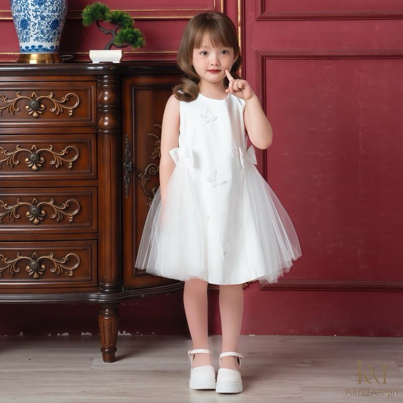 Kimi Design - K1812 Váy Bé Gái Mùa Hè Tafta Trắng Bướm Nổi Cao Cấp Cho Bé 8-35kg