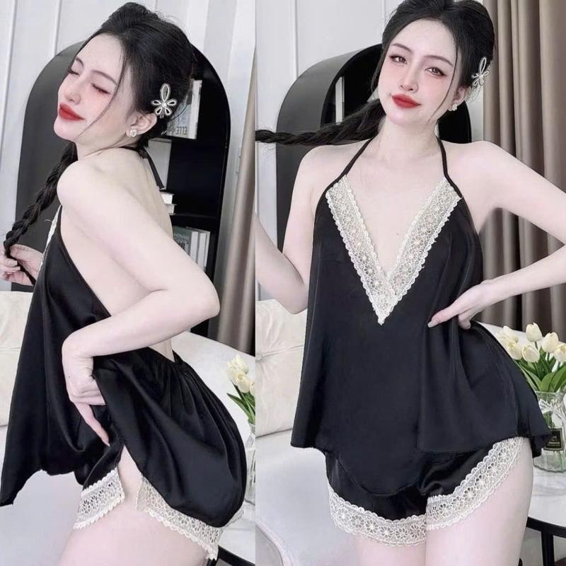 Bigsize 65Kg - 95Kg Set Yếm Ngủ Cho Nữ Vải Lụa Latin Trơn Phối Ren Thêu Mềm Cột Dây Hở Lưng Không Mút. Quần Xẻ Cao Hở Đùi. Quần Ngủ Áo Ngủ Women