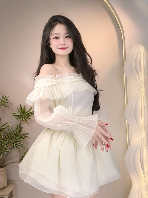   Hàng 6 lớp  Đầm - Váy babydoll voan tơ nến trễ vai phối nhiều tầng bồng xòe D107 thời trang nữ tính và dịu dàng 