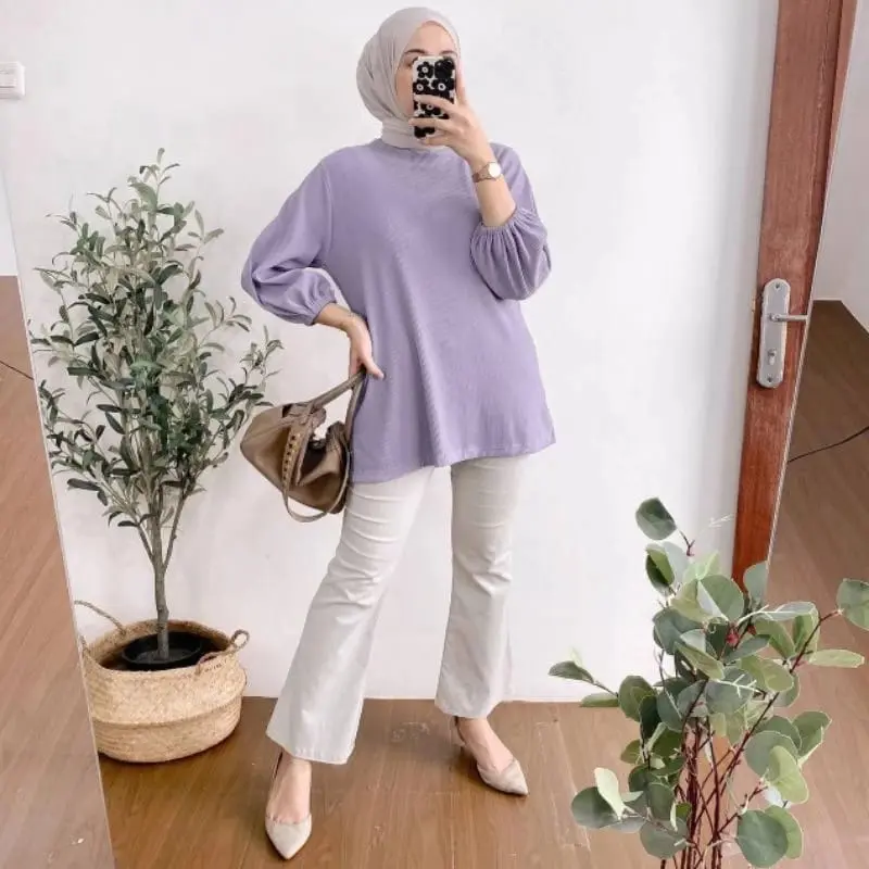 HANOVER BLOUSE LENGAN PANJANG TANGAN KARET BELAH SAMPING BAHAN KNIT PREMIUM 0
