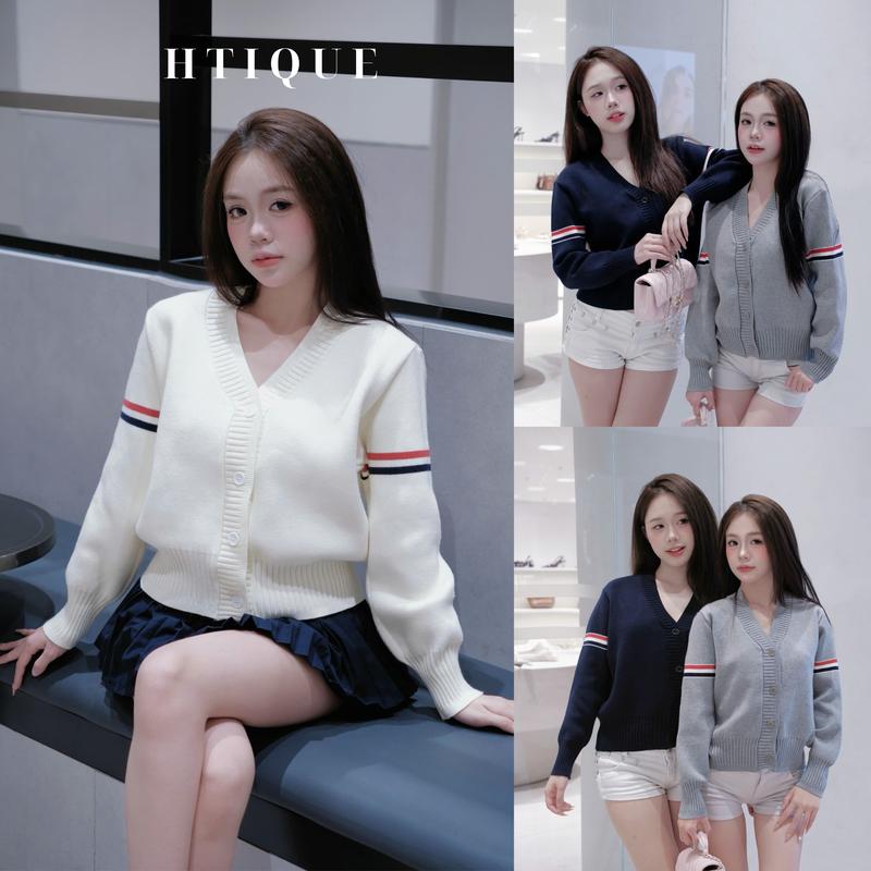 (BST Thu Đông HTIQUE) DEAL mở bán Áo khoác cardigan dệt kim 3 sọc, Áo khoác len dệt kim ba màu girl phố LA07