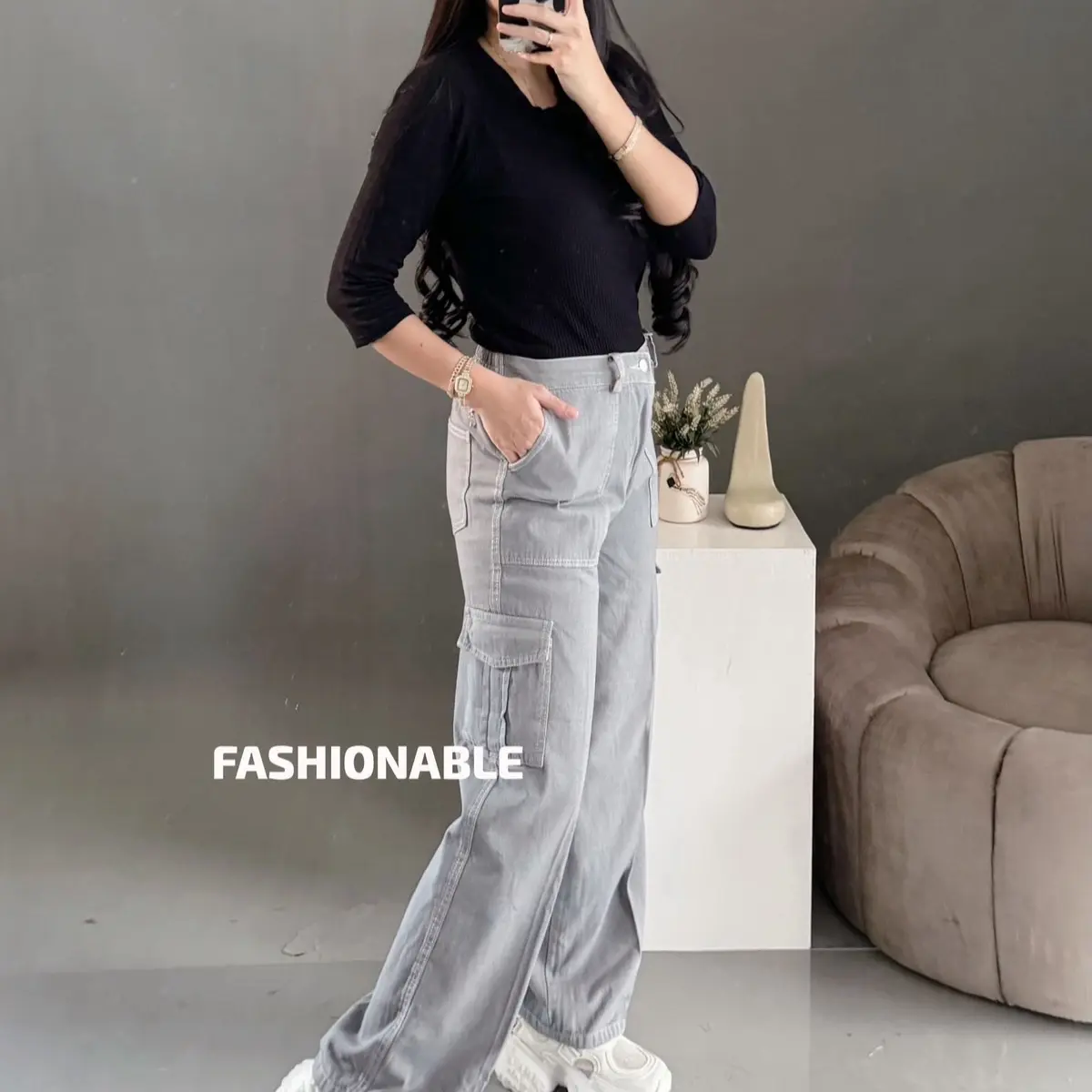 FASHIONABLE - Highwaist Kulot Cargo Jeans Wanita - Celana Panjang Wanita Korean Style - Kulot Loose Kancing Karet Variasi Samping