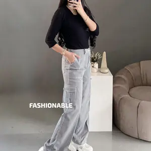 FASHIONABLE - Highwaist Kulot Cargo Jeans Wanita - Celana Panjang Wanita Korean Style - Kulot Loose Kancing Karet Variasi Samping